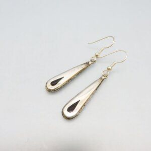 Sterling Silver Teardrop Pierced Earrings with Elegant Design, Black Onyx Inlay